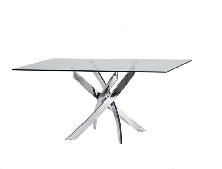 63" Clear And Silver Glass And Stainless Steel Pedestal Base Dining Table