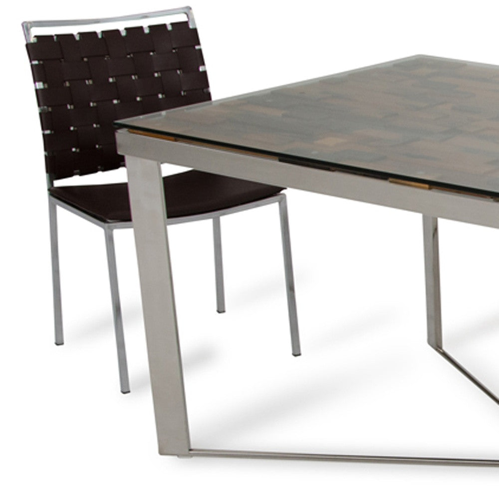 80" Clear And Silver Solid Wood And Stainless Steel Trestle Base Dining Table