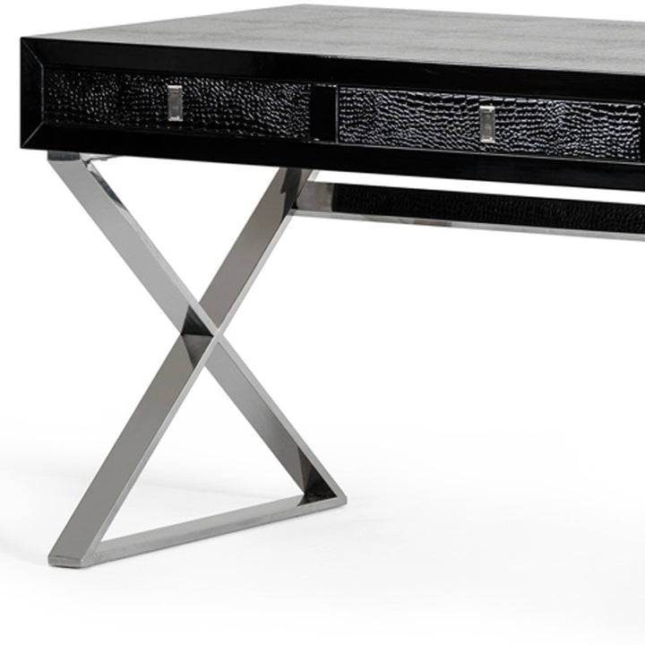 57" Black And Silver Stainless Steel Coffee Table With Three Drawers