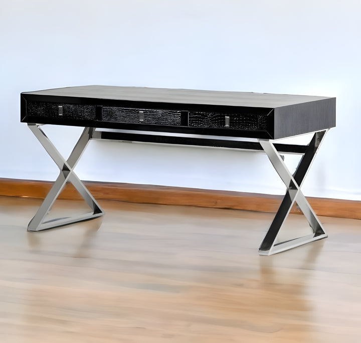 57" Black And Silver Stainless Steel Coffee Table With Three Drawers