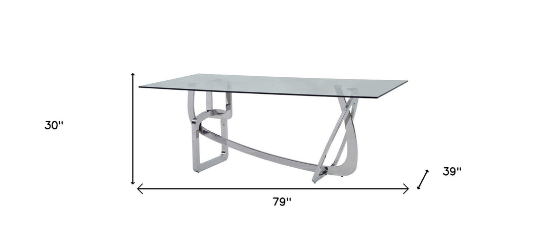 79" Clear And Silver Glass And Stainless Steel Trestle Base Dining Table