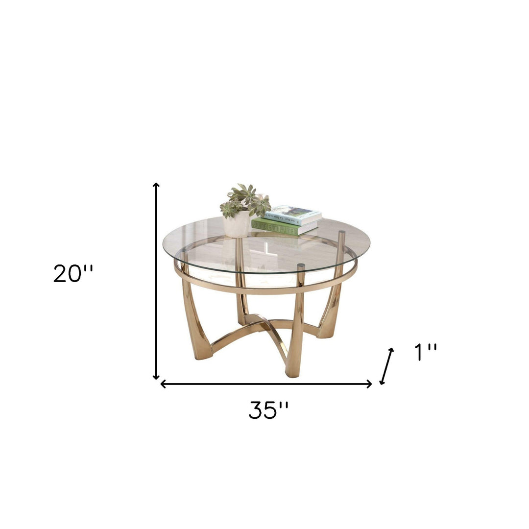 35" Clear And Champagne Glass And Metal Round Coffee Table