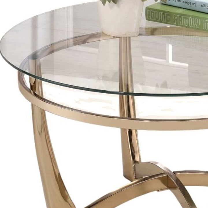 35" Clear And Champagne Glass And Metal Round Coffee Table