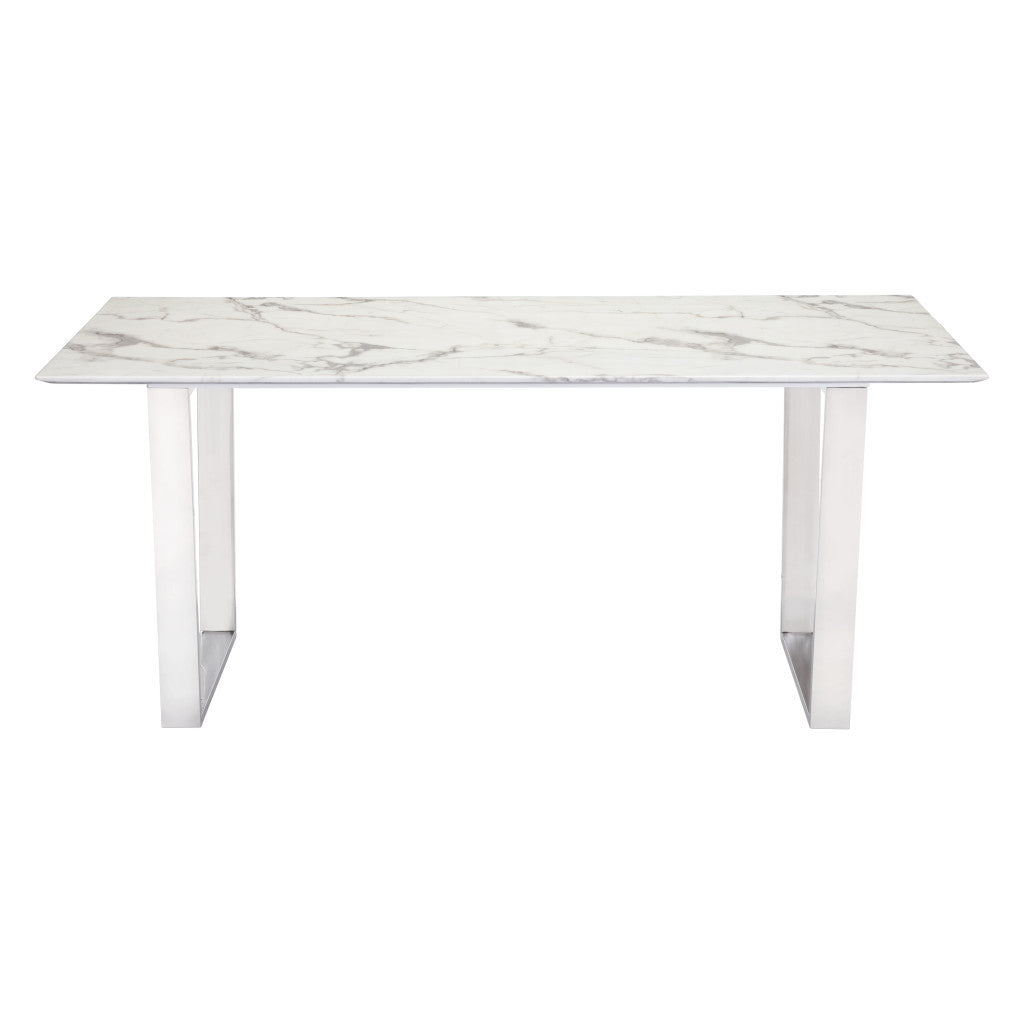 71" White And Silver Marble And Steel Sled Base Dining Table