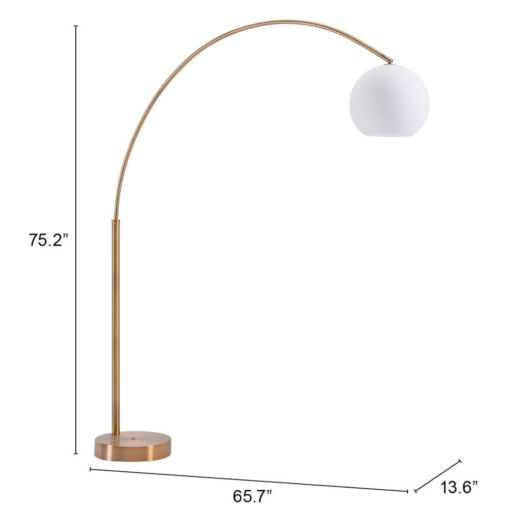 75" Brushed Brass Floor Lamp With White Glass Shade