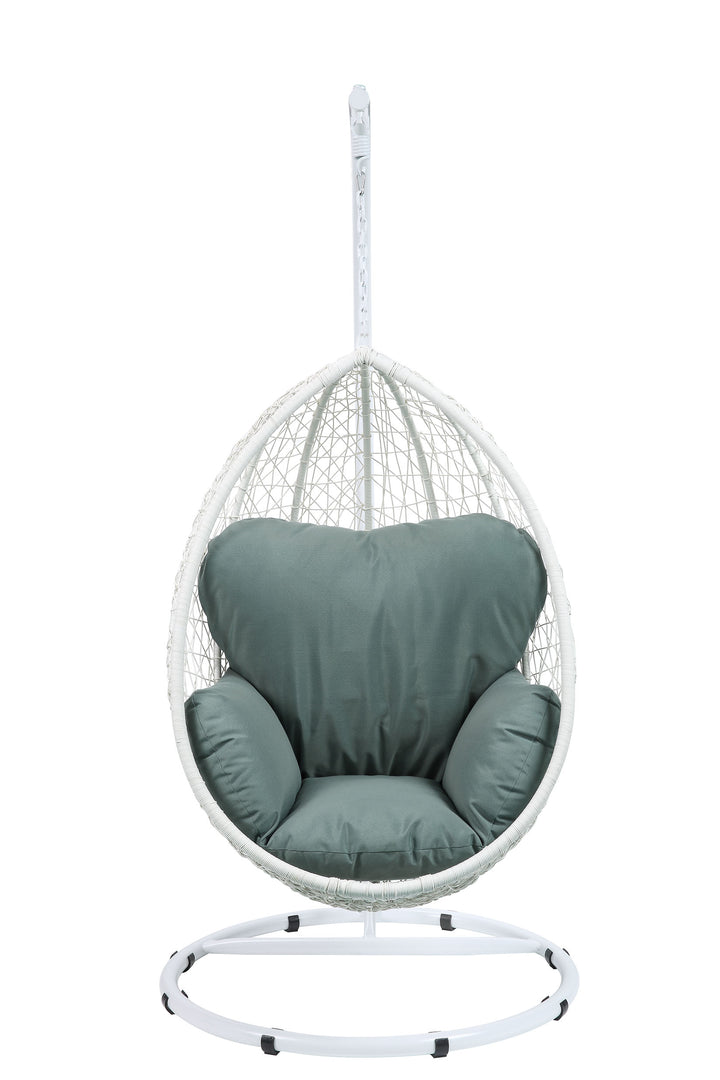 38" White Metal Swing Chair With Green Cushion