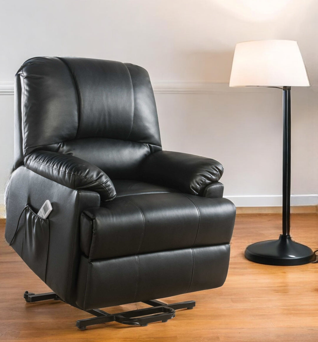 34" Black Faux Leather Power Massage Lift Assist Recliner