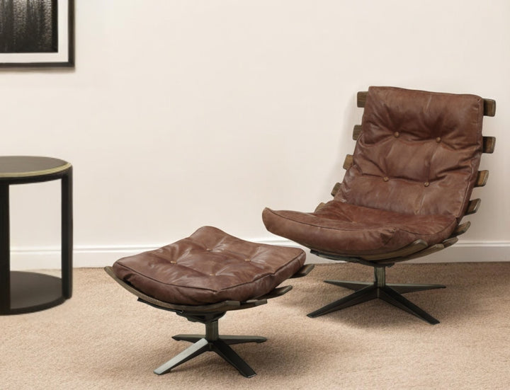 27" Brown And Black Top Grain Leather Tufted Swivel Lounge Chair With Ottoman