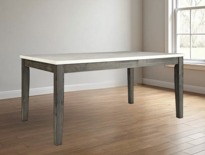 64" White And Gray Marble And Solid Wood Dining Table