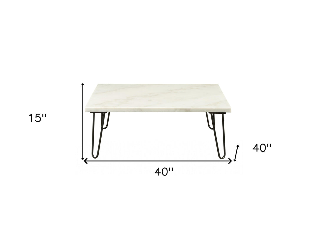 40" White And Black Genuine Marble And Metal Square Coffee Table