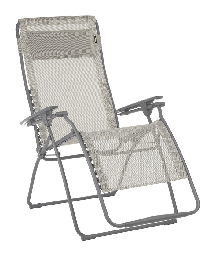 30" Light Gray and Chrome Steel Outdoor Zero Gravity Chair with Light Gray Cushion