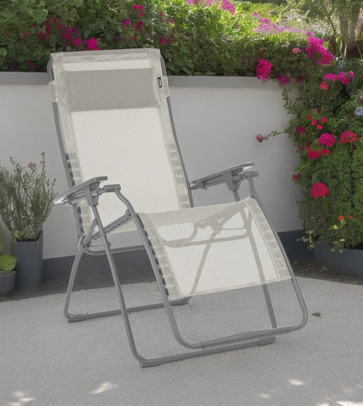 30" Light Gray and Chrome Steel Outdoor Zero Gravity Chair with Light Gray Cushion