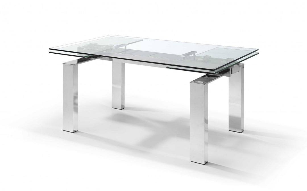 63" Clear and Silver Glass and Stainless Steel Self-Storing Leaf Dining Table