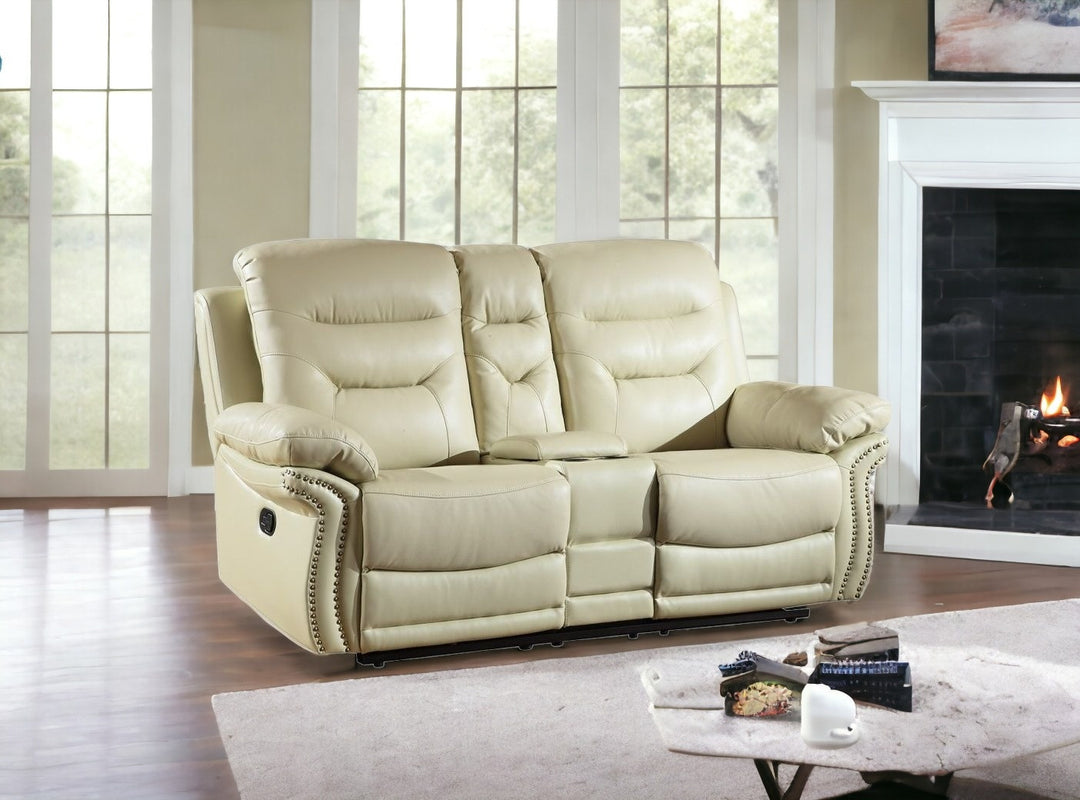 75" Beige Faux Leather Manual Reclining Love Seat With Storage