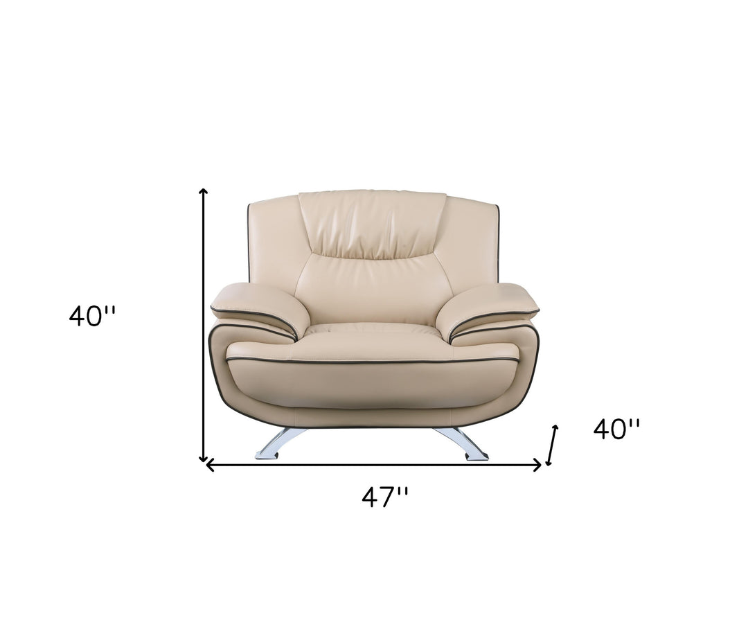 47" Beige And Silver Leather Match Arm Chair