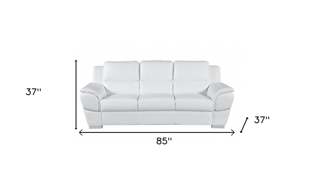 85" White Leather Sofa With Silver Legs