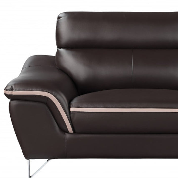 86" Brown Leather Sofa With Silver Legs