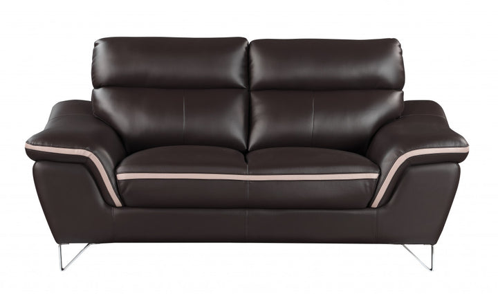 69" Brown And Silver Faux Leather Love Seat