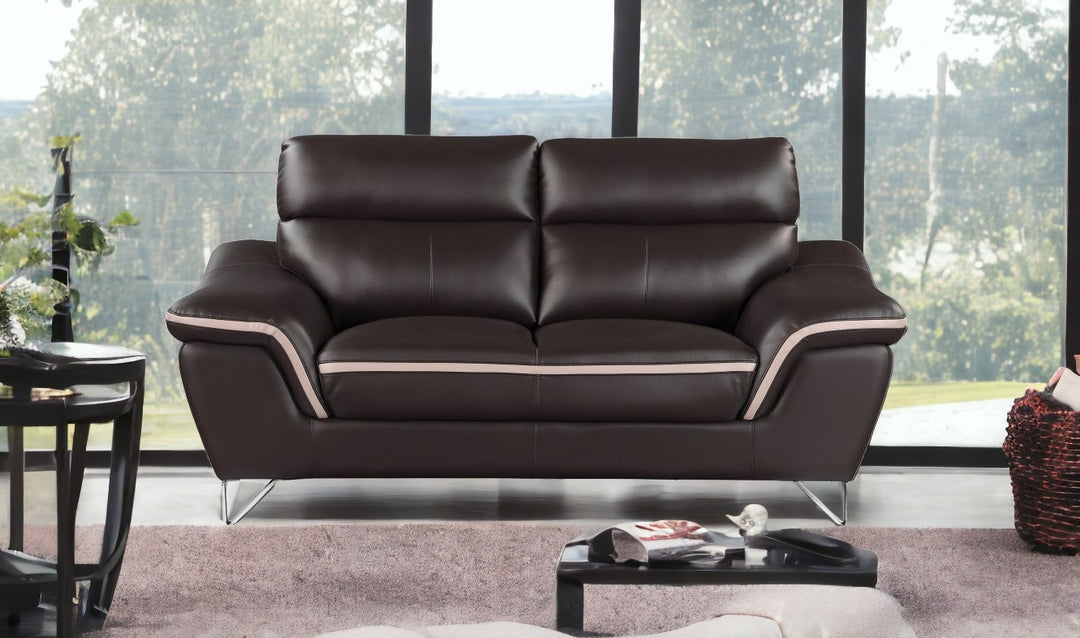 69" Brown And Silver Faux Leather Love Seat