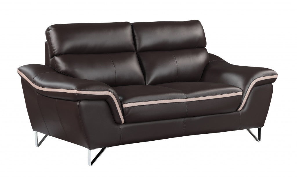 69" Brown And Silver Faux Leather Love Seat