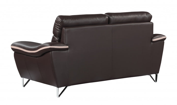 69" Brown And Silver Faux Leather Love Seat