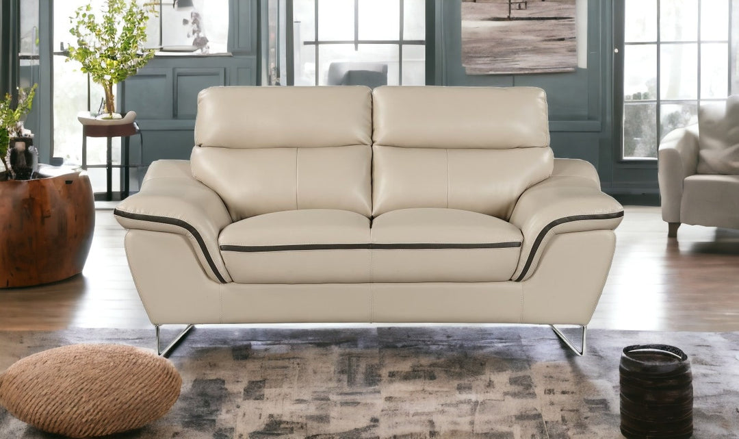 69" Beige And Silver Faux Leather Love Seat