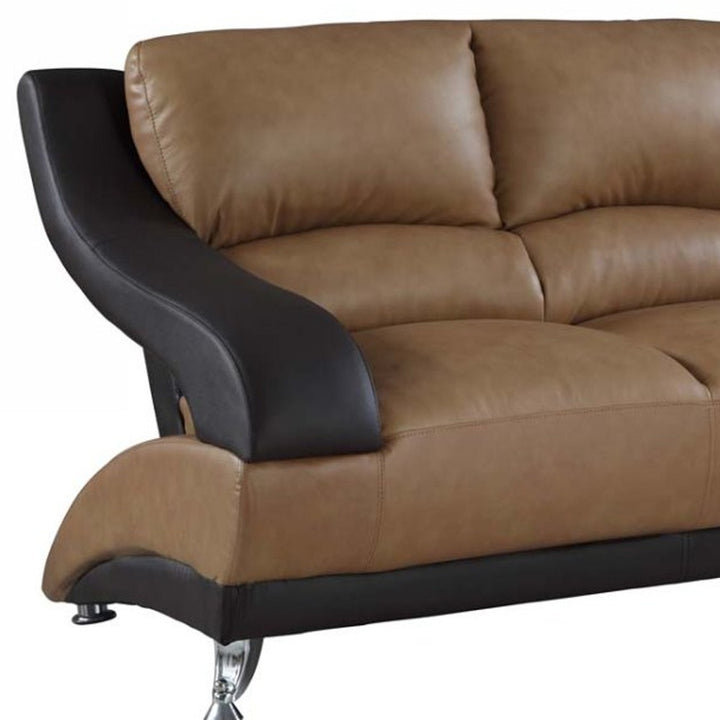 62" Brown and Black And Silver Faux Leather Loveseat