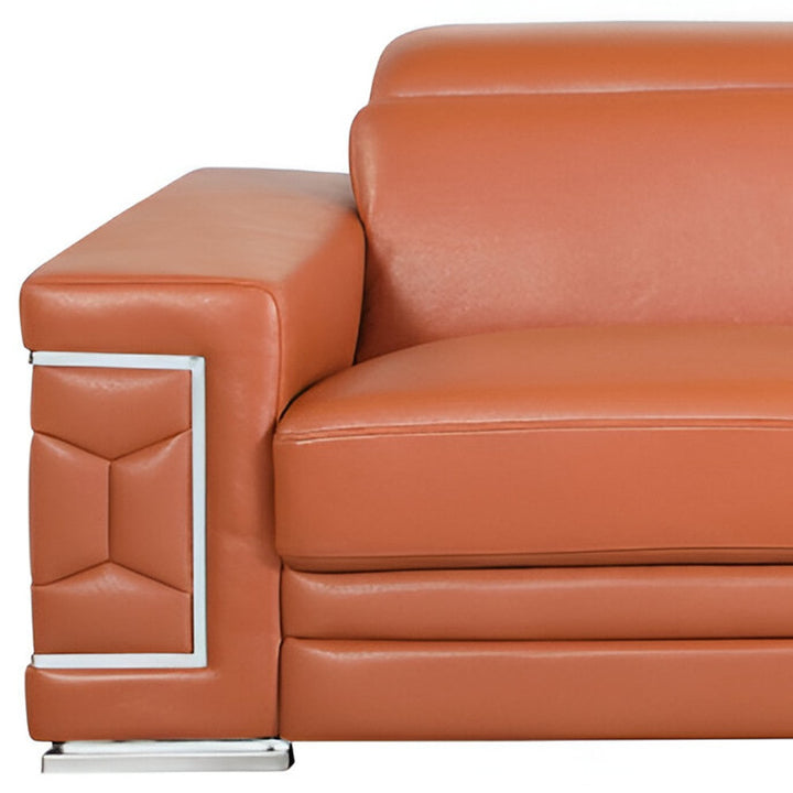 89" Camel Italian Leather Sofa With Silver Legs