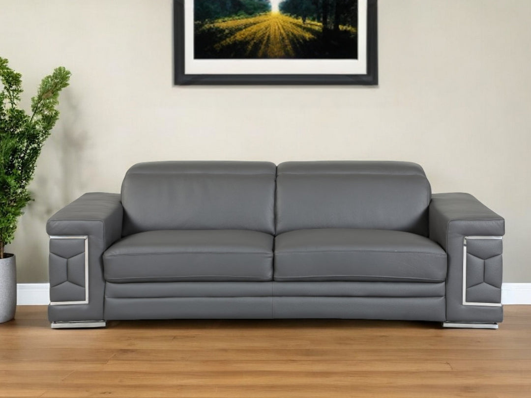 89" Dark Gray Italian Leather Sofa With Silver Legs