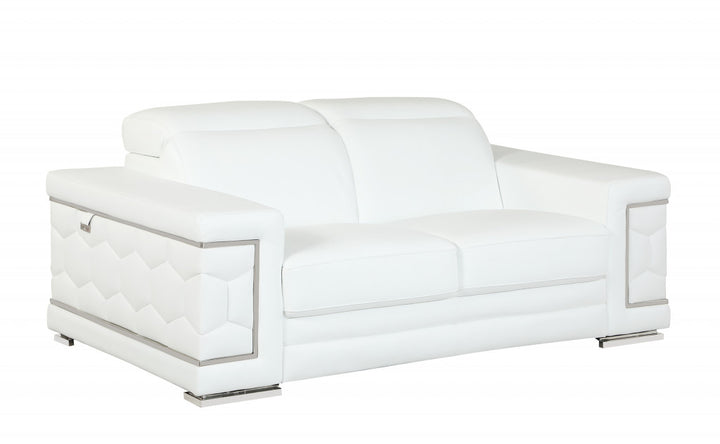 71" White Italian Leather Sofa With Silver Legs