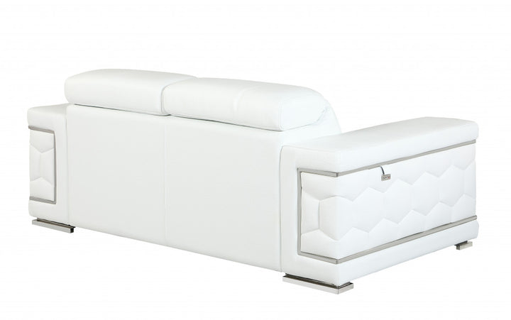 71" White Italian Leather Sofa With Silver Legs