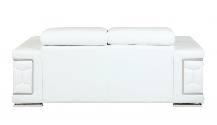 71" White Italian Leather Sofa With Silver Legs