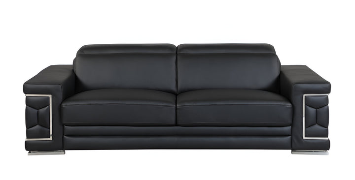 89" Black Italian Leather Sofa With Silver Legs