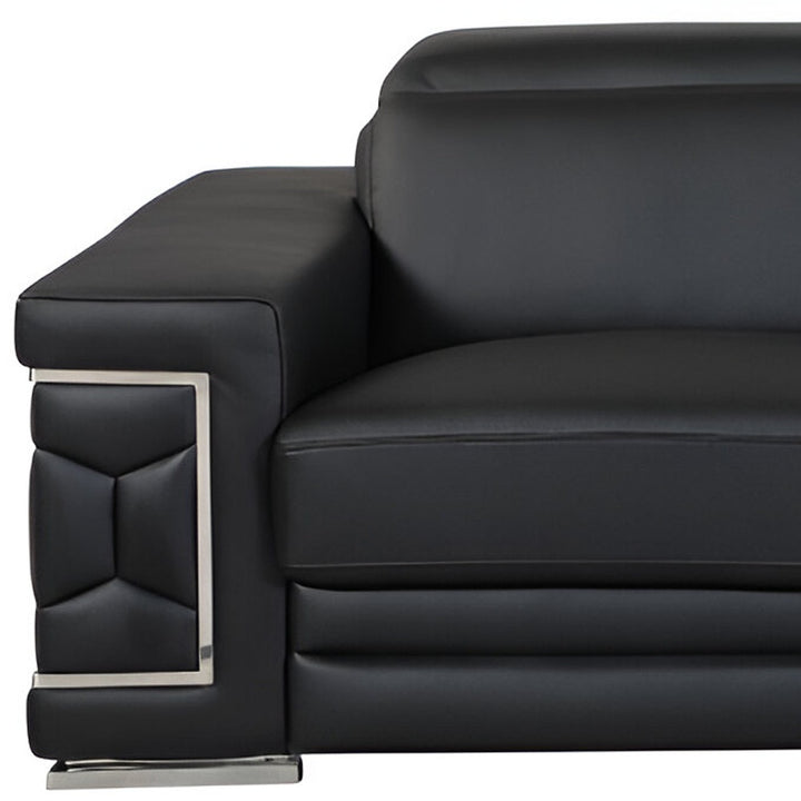 89" Black Italian Leather Sofa With Silver Legs