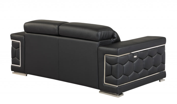 71" Black And Silver Genuine Leather Love Seat