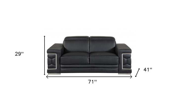 71" Black And Silver Genuine Leather Love Seat