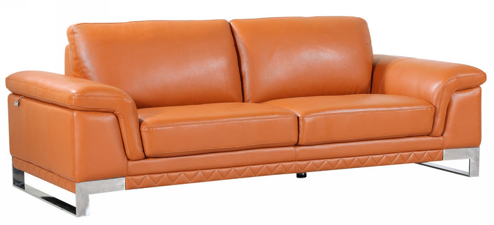 90" Orange Italian Leather Sofa With Silver Legs