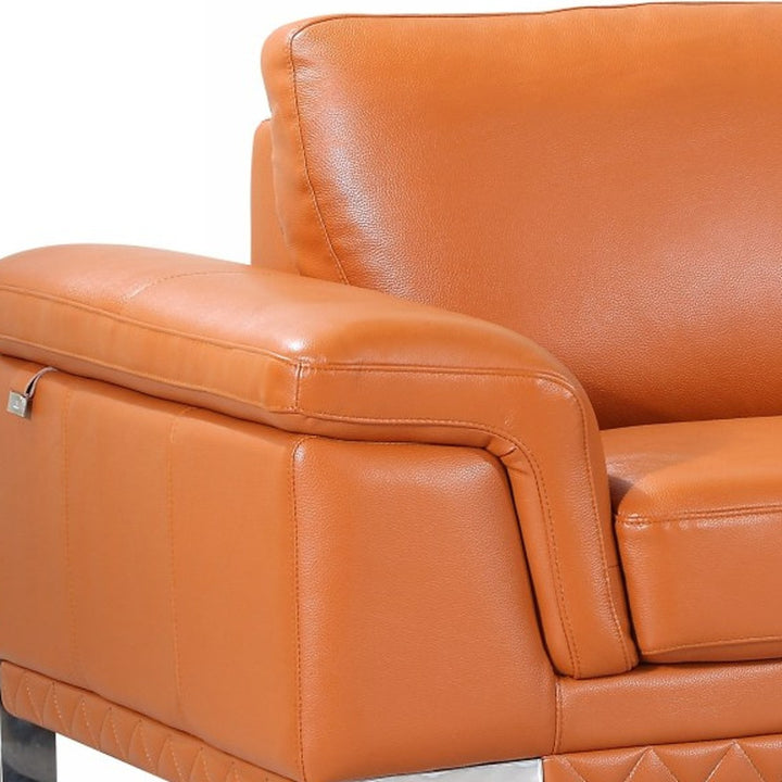 90" Orange Italian Leather Sofa With Silver Legs