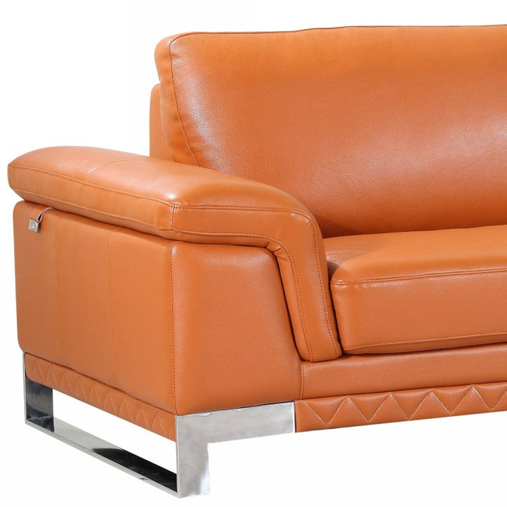 90" Orange Italian Leather Sofa With Silver Legs