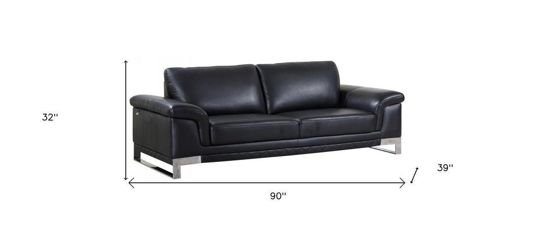 90" Black Italian Leather Sofa With Silver Legs