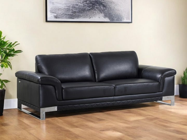 90" Black Italian Leather Sofa With Silver Legs