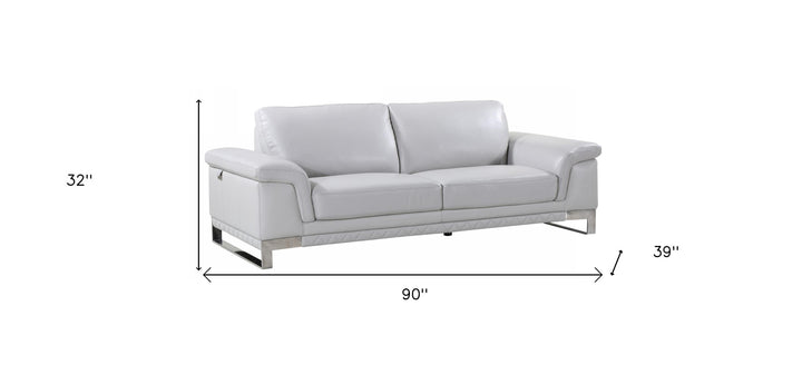 90" Light Gray Italian Leather Sofa With Silver Legs