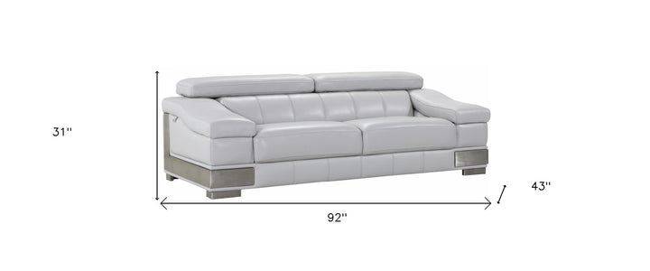 92" Light Gray Italian Leather Sofa With Silver Legs