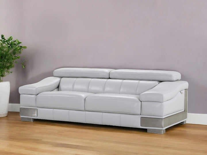 92" Light Gray Italian Leather Sofa With Silver Legs