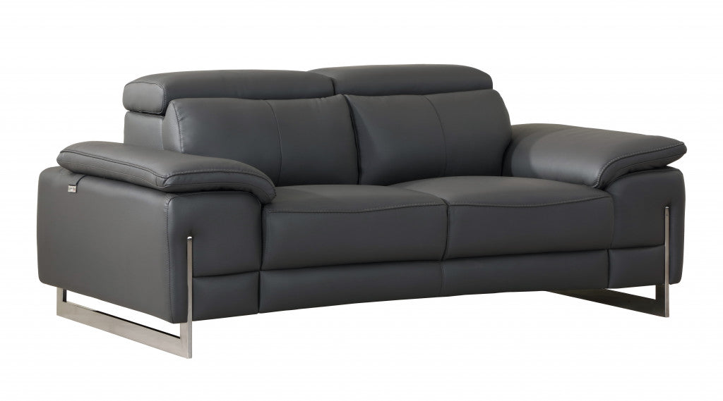 71" Dark Gray And Silver Genuine Leather Loveseat