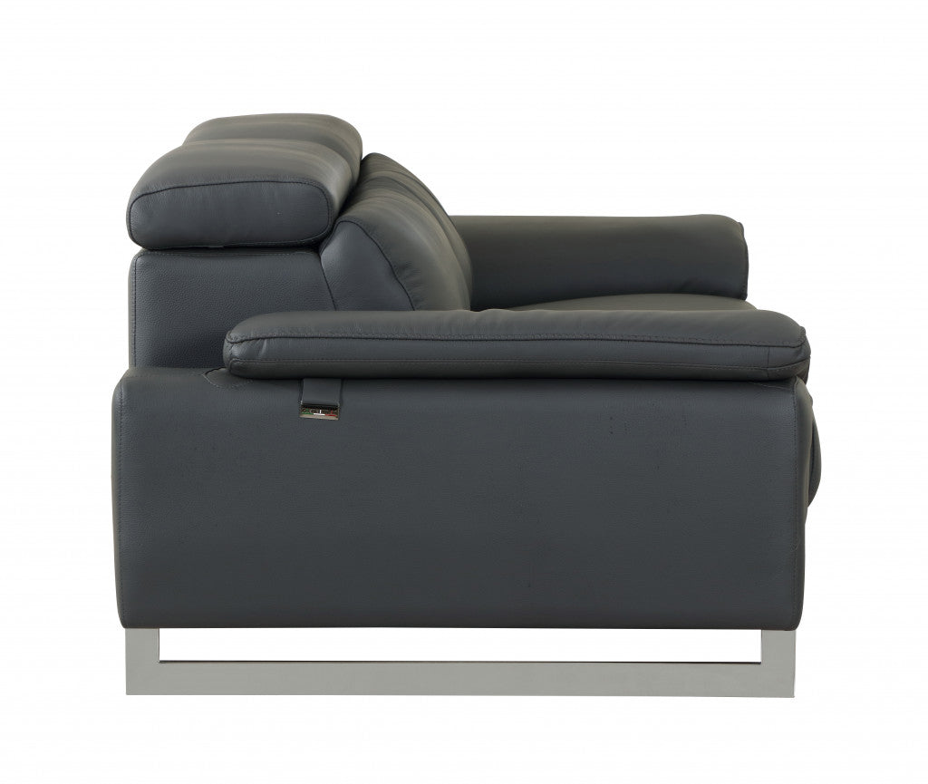 71" Dark Gray And Silver Genuine Leather Loveseat