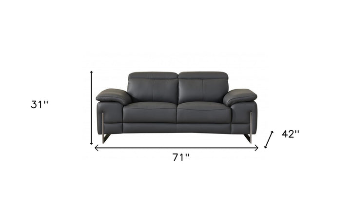 71" Dark Gray And Silver Genuine Leather Loveseat