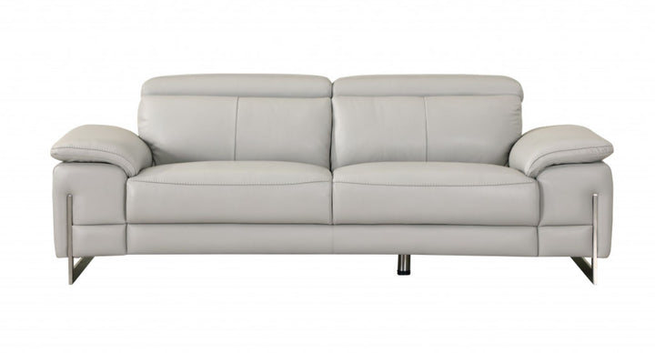 87" Light Gray Italian Leather Sofa With Silver Legs