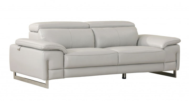 87" Light Gray Italian Leather Sofa With Silver Legs