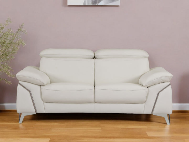 71" White Italian Leather Sofa With Silver Legs